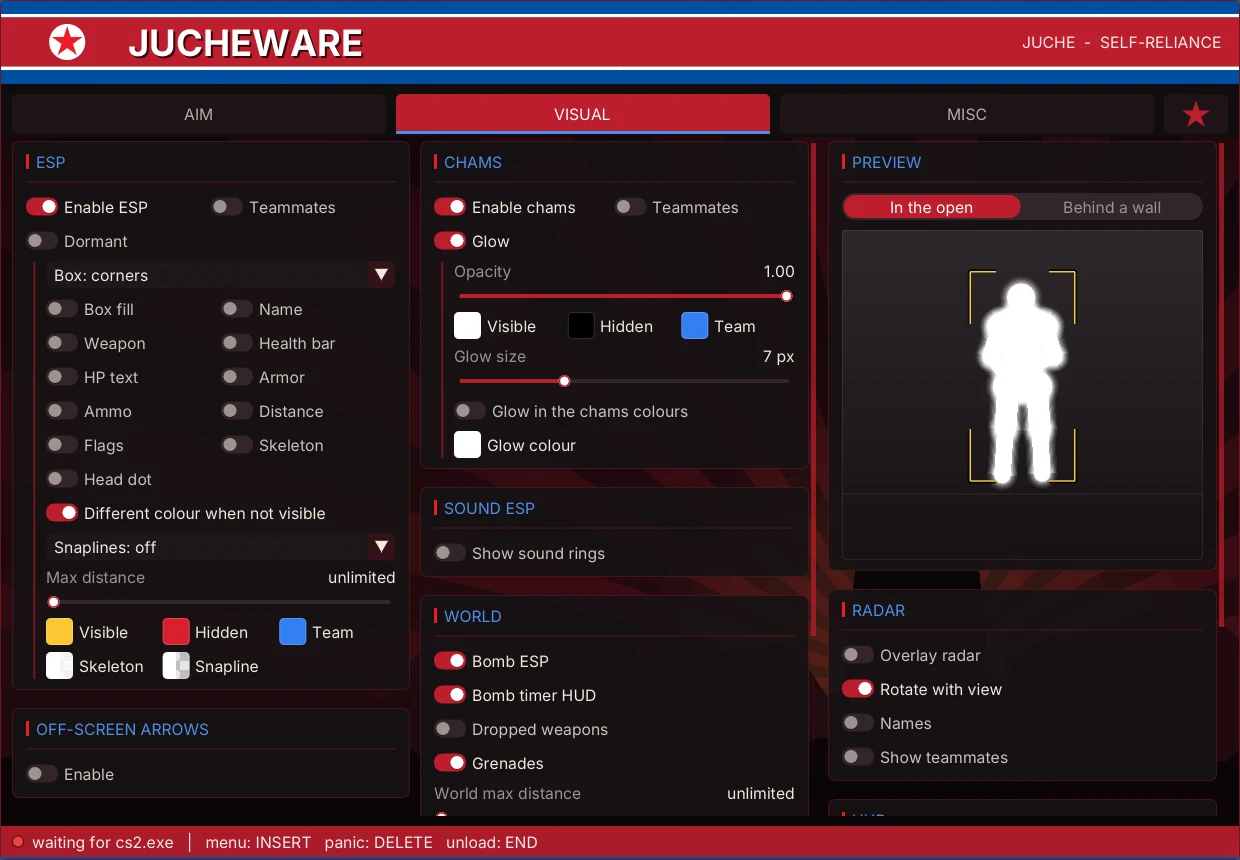 The Jucheware menu, Visual tab, with a live ESP preview